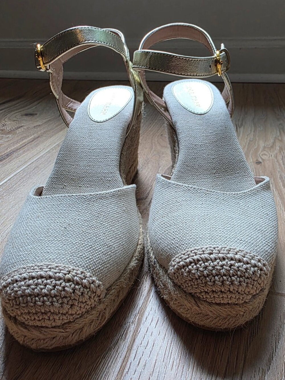 Cole Haan Grand.ØS Linen Espadrille Wedge Sandals Gold Ankle Strap 9.5